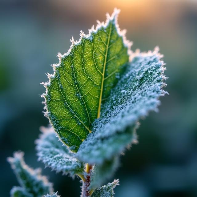 Close up of frost on a garden leaf
