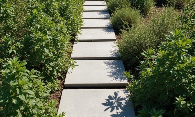 Brutal concrete path through lush ferns